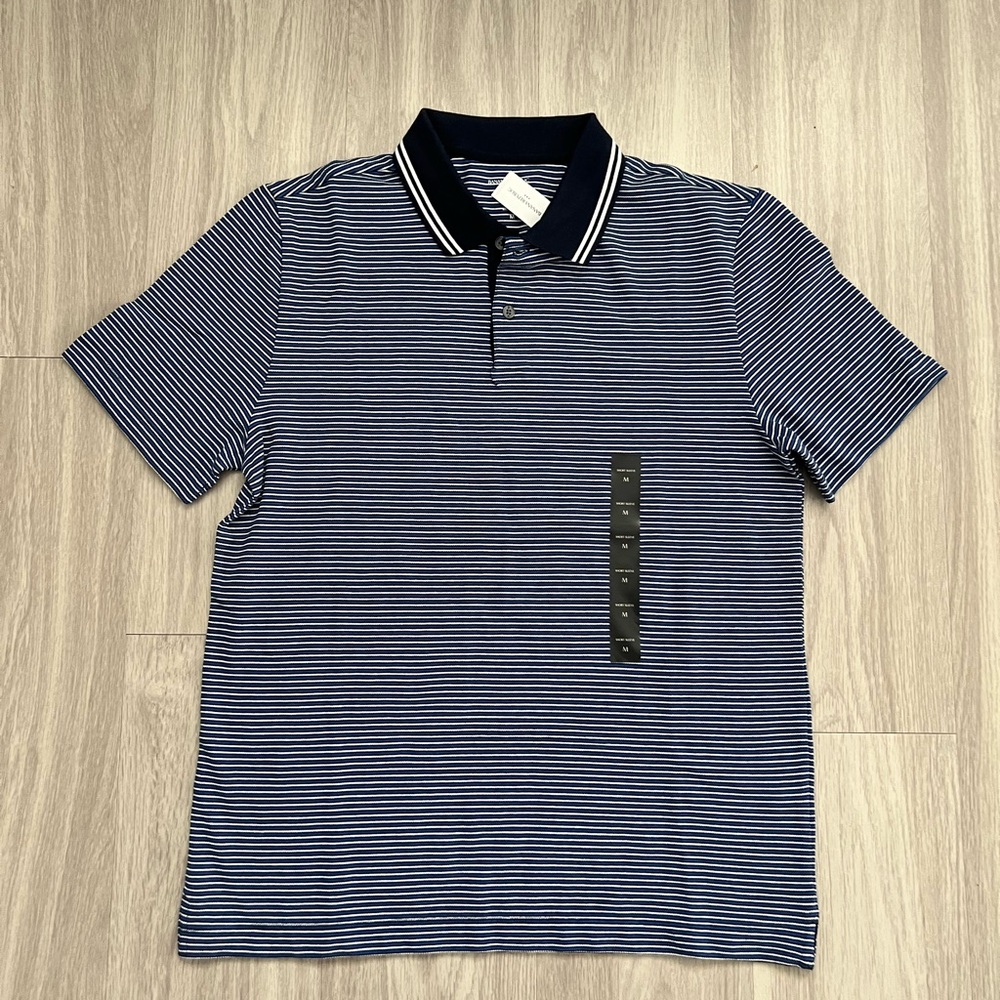 NWT Banana Republic Pique Polo Shirt Men’s Medium Blue White Striped Organic